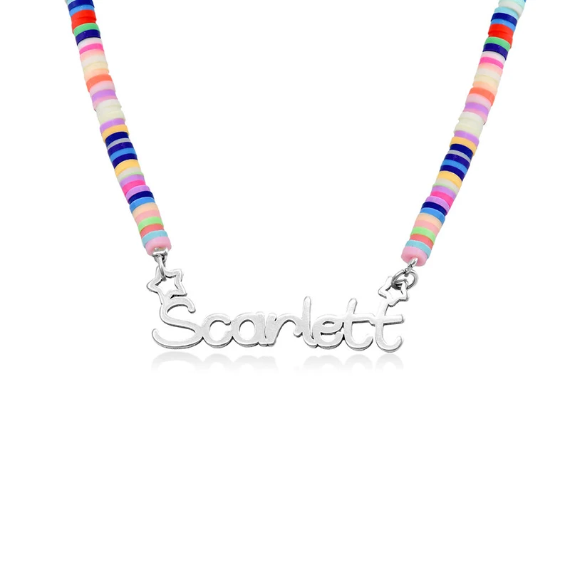 

Handmade Colorful Polymer Clay Heishi Beads Pastel Enfant Kids Necklace Jewelry with Stainless Steel Name Plate Collier Perles