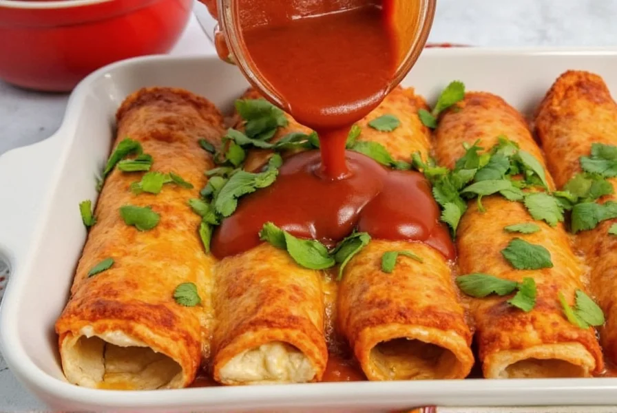 Homemade guajillo pepper sauce being poured over enchiladas with fresh cilantro garnish