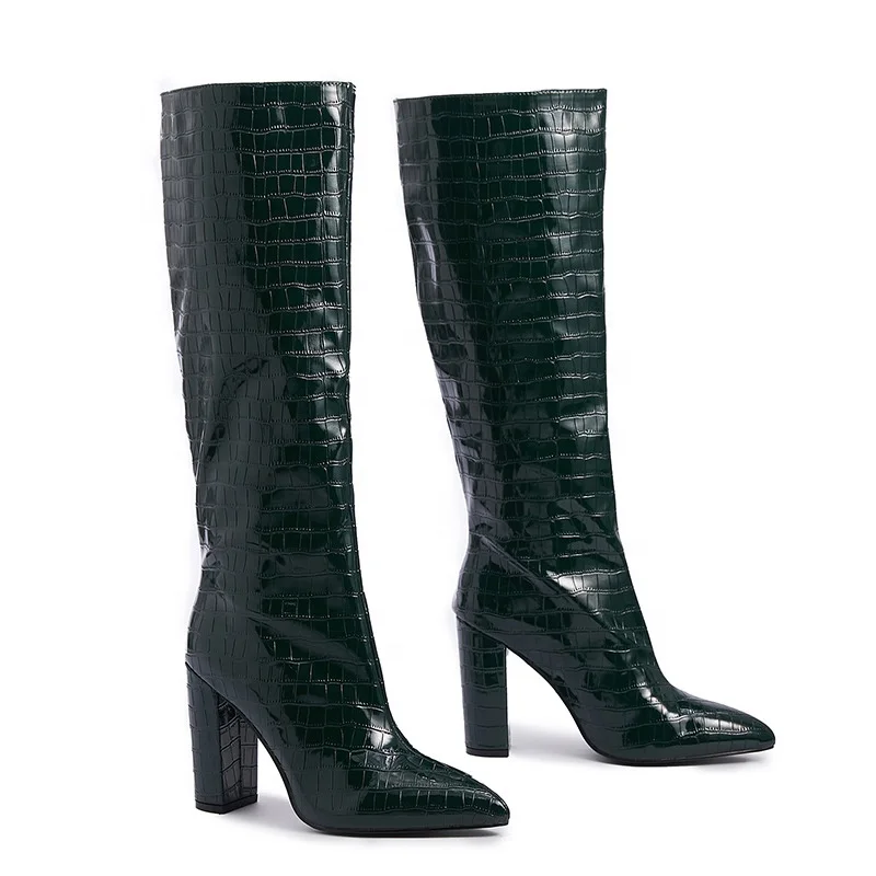 

2022 New Arrival Fashion Glossy Crocodile Pattern Upper Pointed Toe Thick High Heels Knee Length Leather Boots Women Shoes, Black