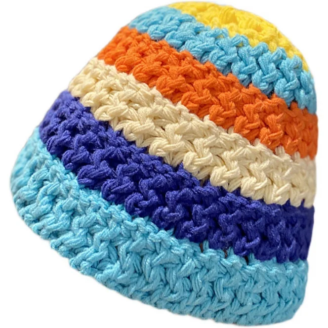 

Top quality Rainbow Colorful Knitted Bucket Hats Floral Crochet Hats Hand Made Cloche Cap Knitting Cap Beanies