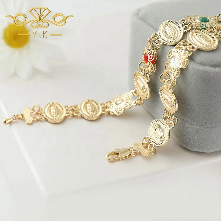 

YK New Red Green Gemstone Bracelets Religion Virgin Mary 18-karat Gold Bracelet