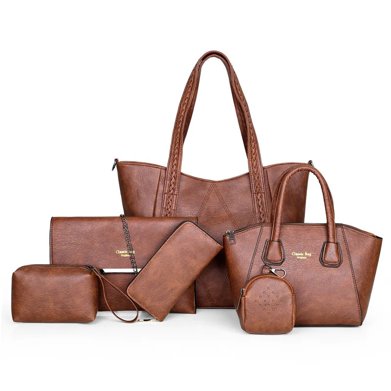 

2021 Wholesale Leather Purse Bag Classic Messenger Handbag 6 Pieces Sets, Red,light brown,black,pink,dark brown