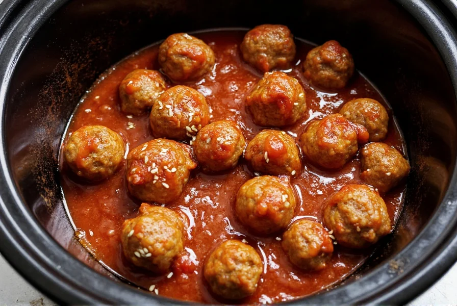 Slow cooker filled with glossy meatballs in sweet chili sauce and grape jelly mixture, garnished with sesame seeds