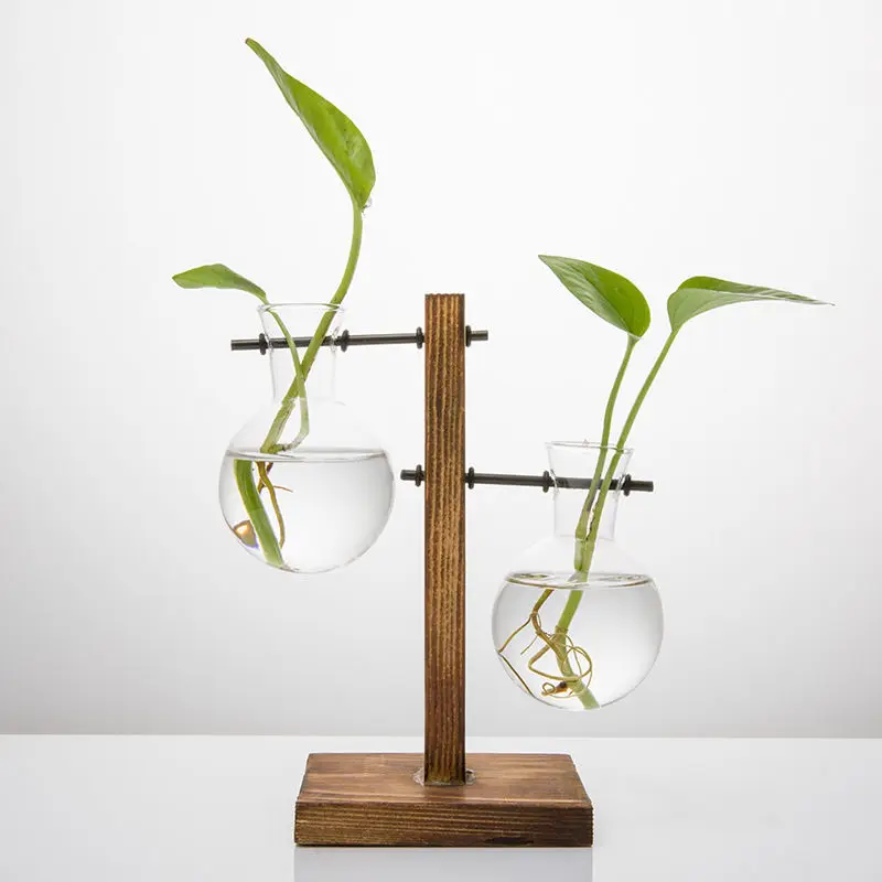 

Factory wholesale office desktop wooden stand green plant bottle heat-resistant Air Plant Terrarium Glass vase, Retro brown