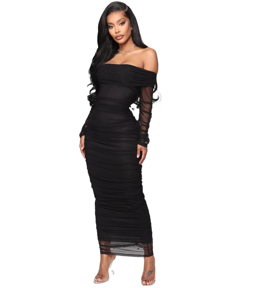 

Off Shoulder Ruched Mesh Dress Women Long Sleeve Double Layer Midi Dresses Bodycon Elastic Party Dress