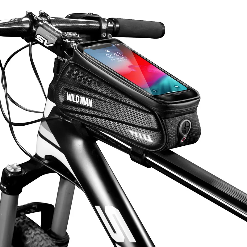 

WM MTB Bike Accessories Waterproof Bicycle Bag Frame Front Top Tube Cycling Bag Reflective Phone Case Touchscreen Bag, Black