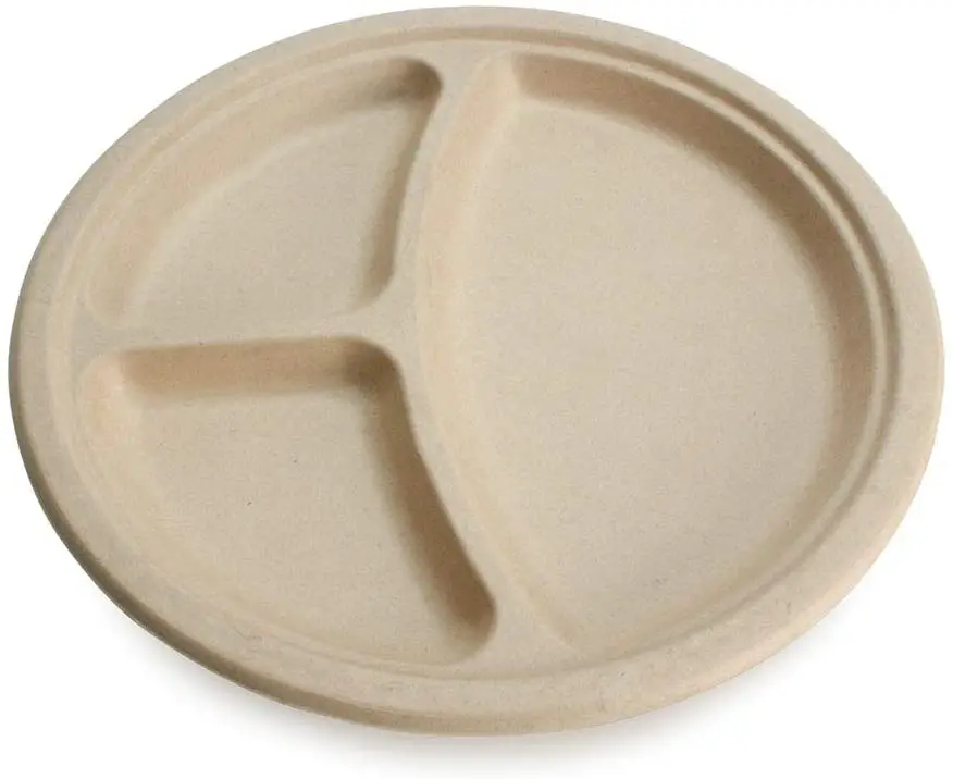 

Eco-Friendly Disposable Biodegradable Bagasse Compostable Plant Fiber 3 Compartment Round Plate, White or natural color