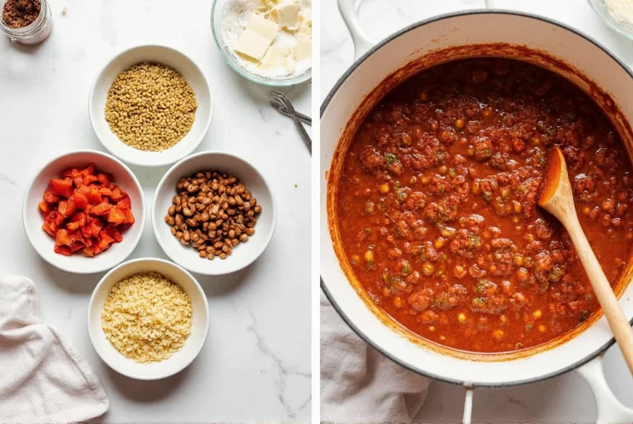 Step-by-step canned chili recipe showing ingredients in bowls and finished chili in a pot with toppings