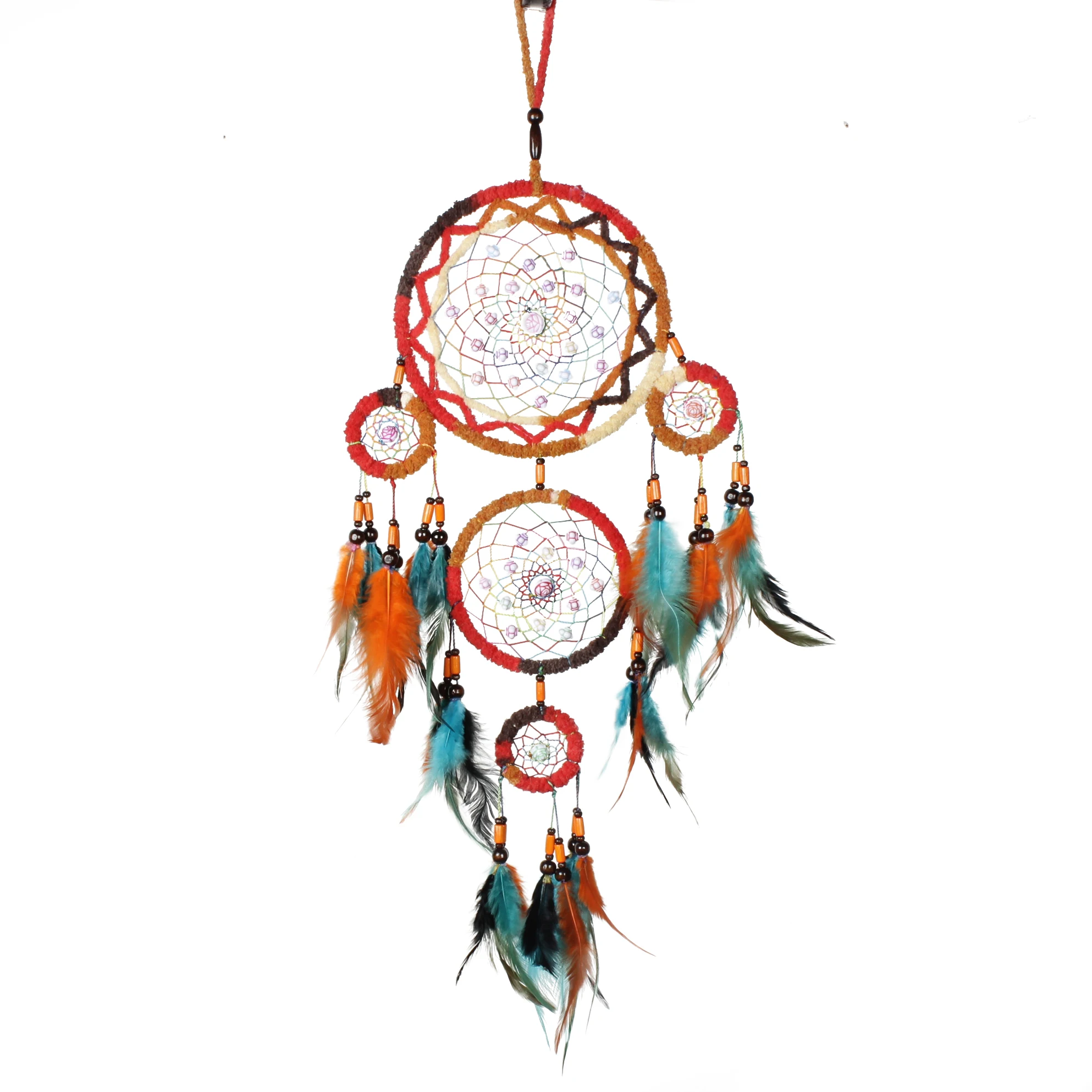 

Wholesale Indian Style Five Ring Wind Bell Large Colorful Feathers Dream Catcher, As photo