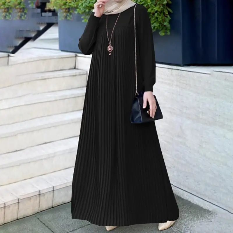 

Wholesale Dubai Abaya Muslim Style Arab Pleated Dress Simple Solid Color Long Sleeve Pleated Design Muslim Dress