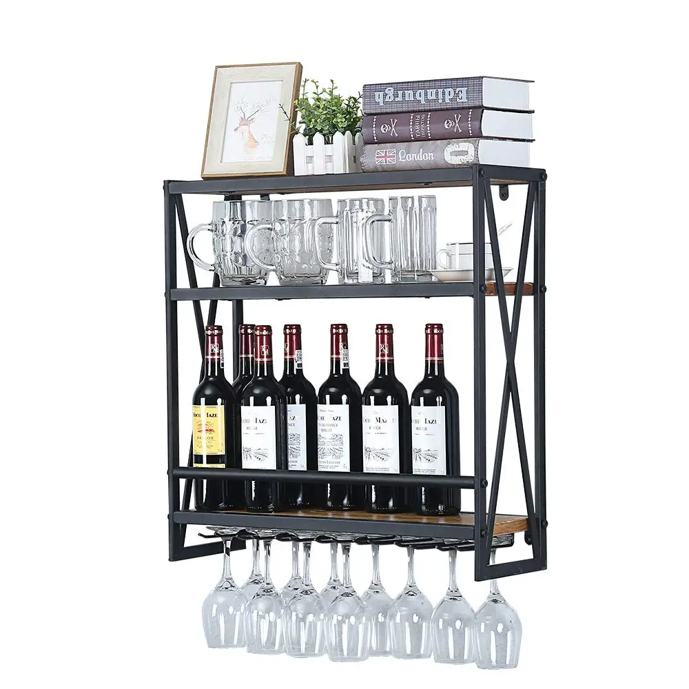 

2021 Jiahe Manufacture Rustic Steel Stackable Hanging Glass Bottle Wooden Wine Shelf Storage Holder Wall Mounted Metal Wine Rack, Customized color