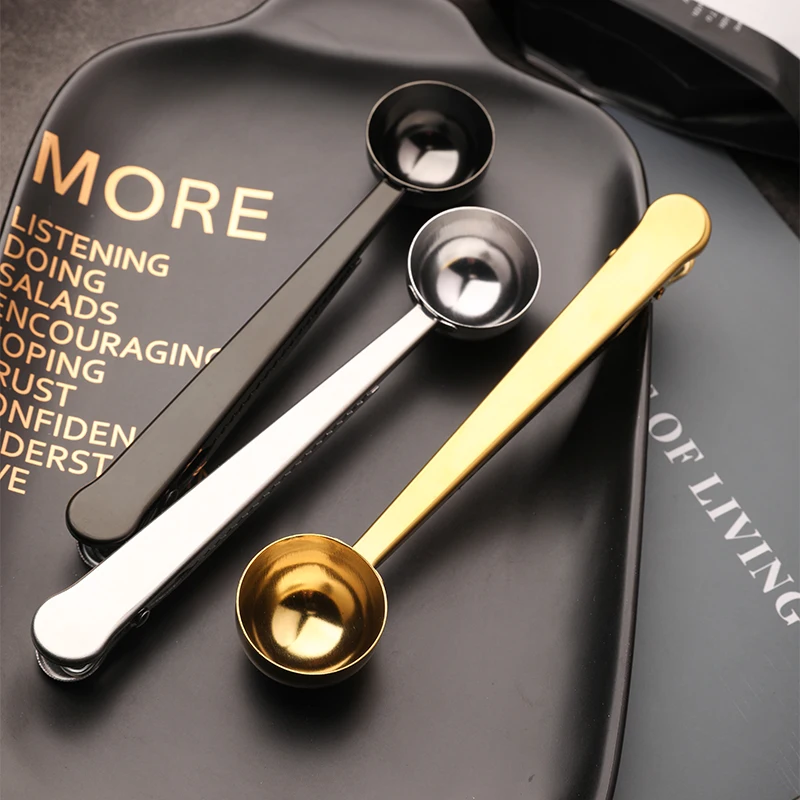 

Custom Logo Coffee Scoop Tools And Bag Clip Stainless Steel Gold Spoons Coffee Measuring Spoon, Silver, gold, rose gold and black