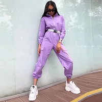 

Fall clothes women fitness sportswear purple long sleeve one piece jumpsuit with waist belt