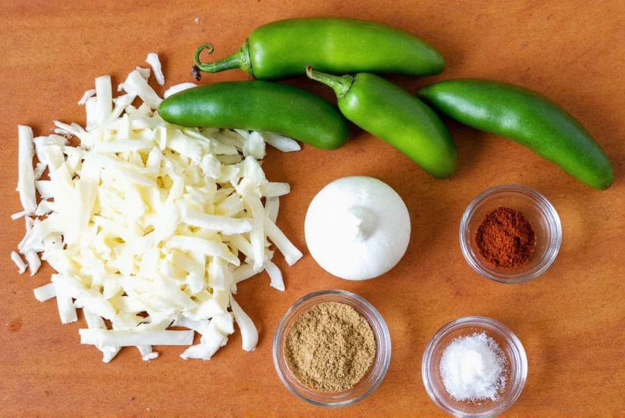 Traditional Tex-Mex chili con queso ingredients including white cheese, fresh jalapeños, and spices