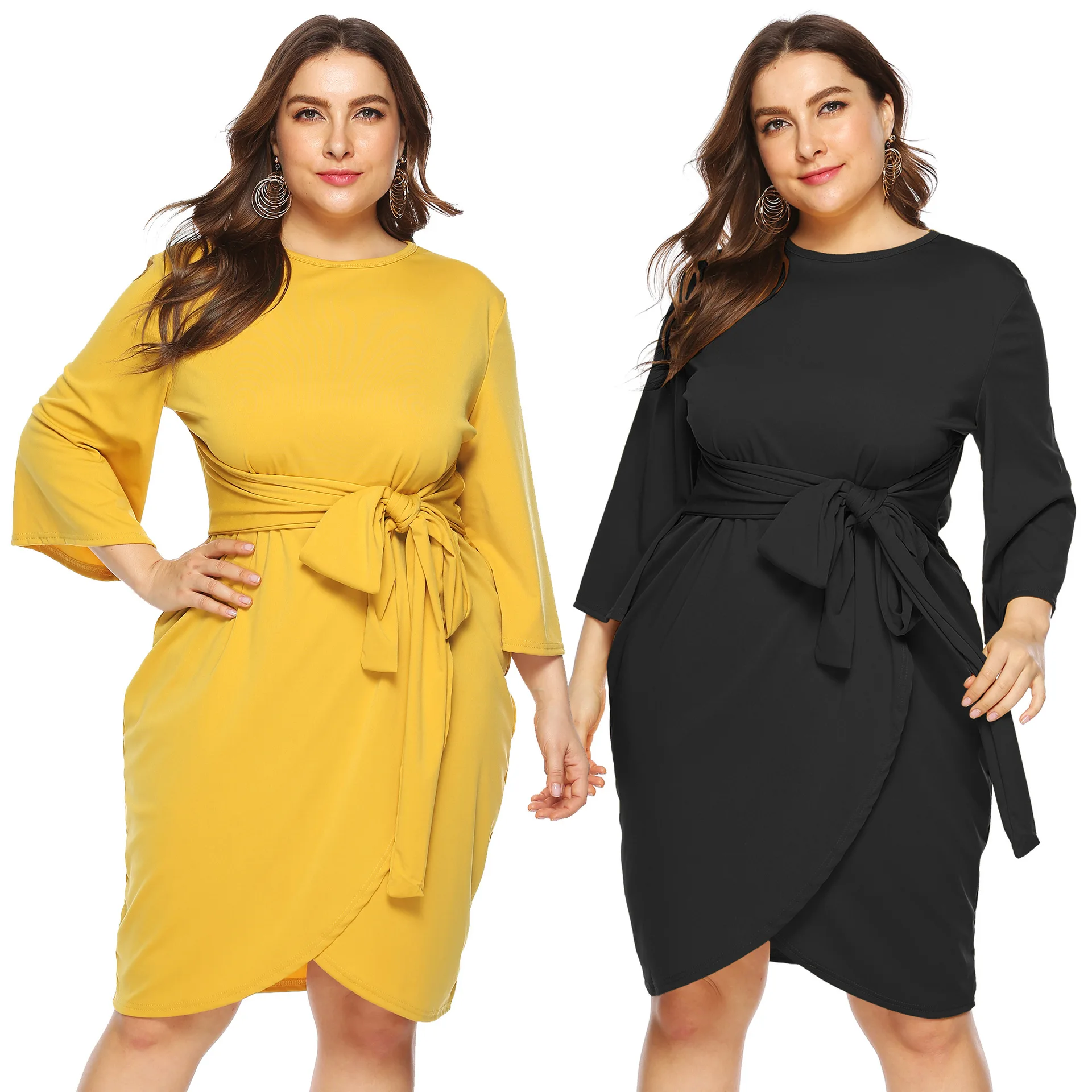 

Irregular Cross Straps Plus Size Women's Dress Cropped Micro Flared Sleeve Skirt Solid Color Round Neck Dress