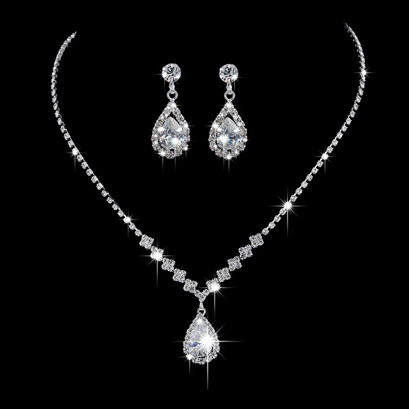 

European and American Simple Rhinestone Zircon Water Drop Necklace Earring Set Bride Earring Silver Jewelry