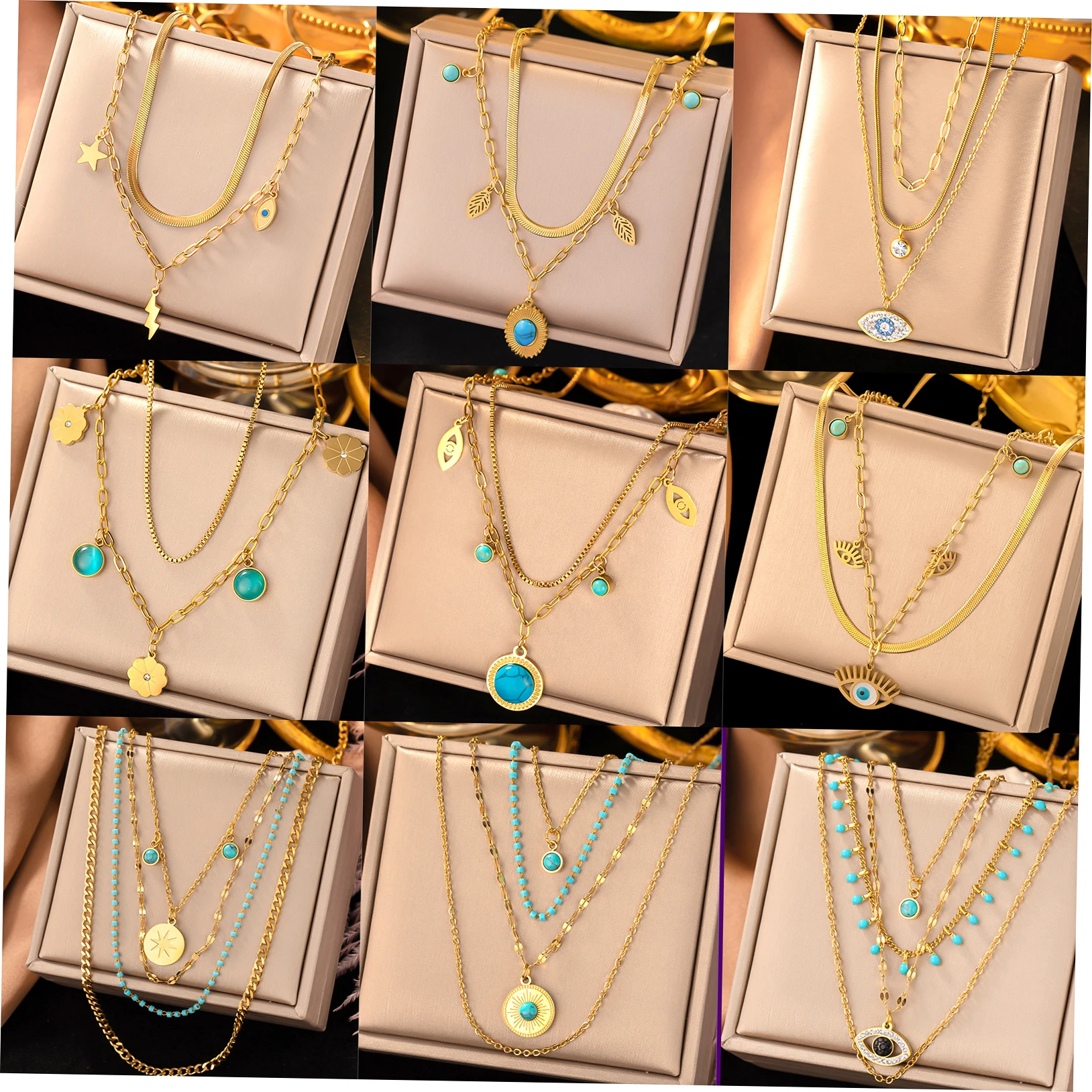 

Boho Stainless Steel 18k Gold Layered Sanke Chain Turquoise Beads Pendant Necklace Women Zircon Eyes Choker Necklace For Gift