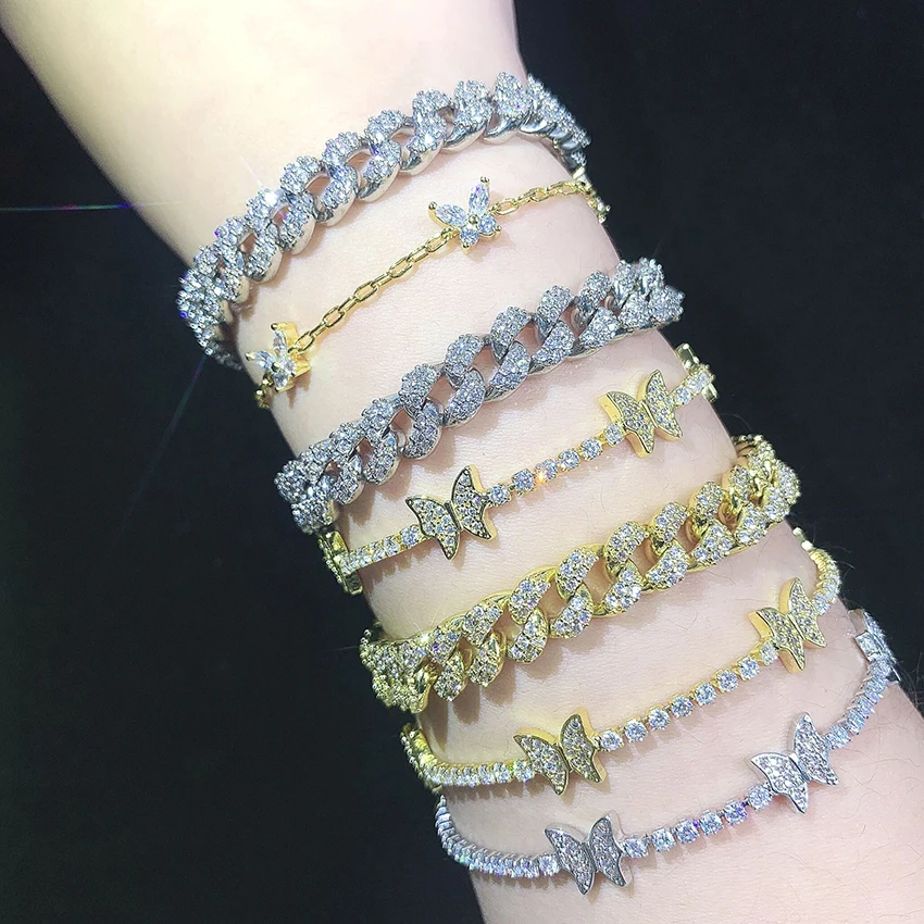 

wholesale women jewelry accessories cuban link chain iced diamond charm tennis butterfly bracelet 2021