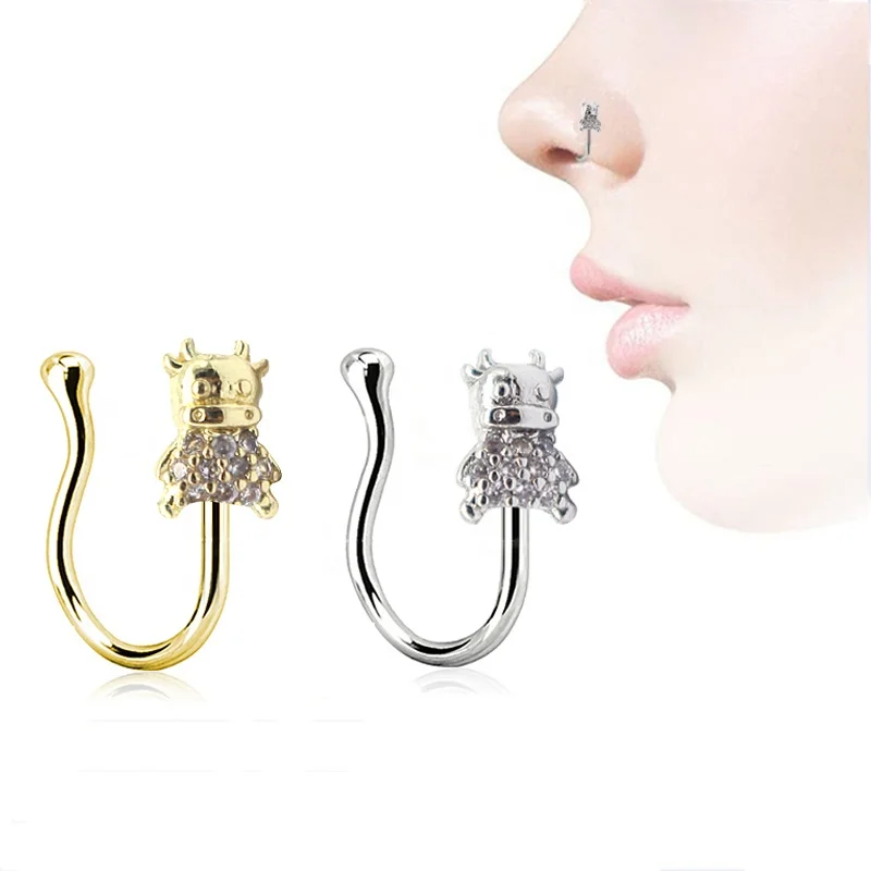 

Topbill OEM nose ring cow nose cuffs clip on nose hoop cute CZ non piercing body jewelry for woman man, Silver gold