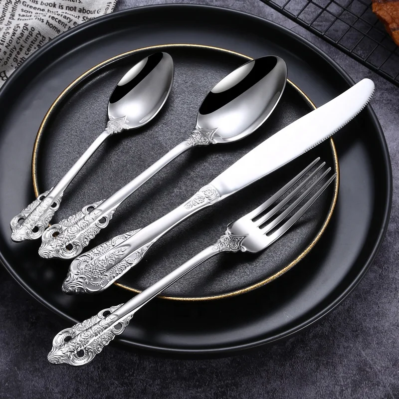

High end vintage luxury forks knife and spoons food grade royal stainless steel cutlery silver gold flatware sets