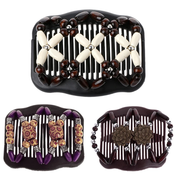 

Free shipDouble Beaded Wood Beads Hair Comb Brush Magic Hair Clips Pins Elastic Head wear Fashion Women Hair Styling Accessories, Any color is available