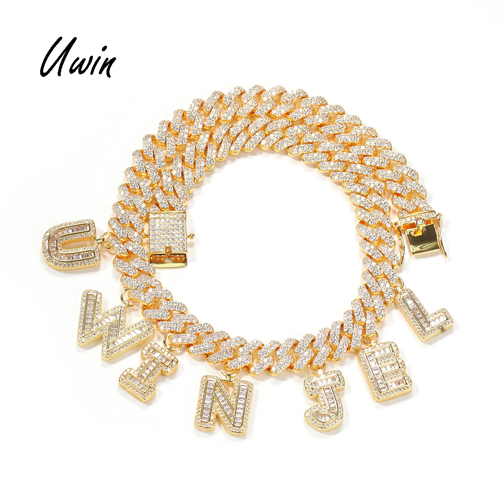 

Full Iced Out Custom CZ Baguette Letter Name Chains Zirconia Miami Cuban Necklace Rapper Jewelry, Gold, silvery