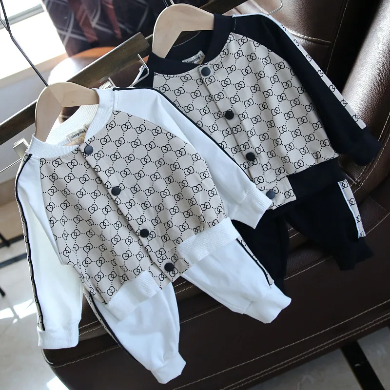 

Hot Sale Spring Long Sleeve Button Top+Pants 2pcs Cotton Print Casual Sports Boy Clothing Set, 2colors