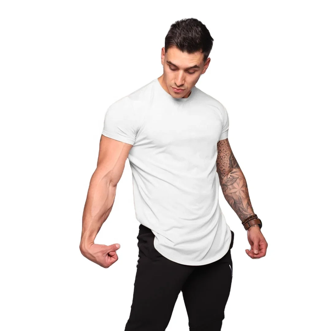 

95% Cotton 5% Spandex Fitness Wear Clothes Slim Fit Longline Camisetas Tee-Shirt Stringer Muscle Fitted Athletic Gym Mens Shirts