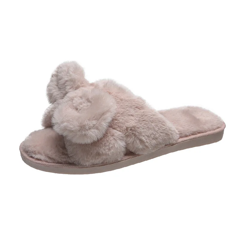 

Cheap Promotional Winter Female Fur Slippers Faux Fashion Hot Shoes Household Indoor Hair Tufted Bow-Tied Plush Cotton Slippers, As picture