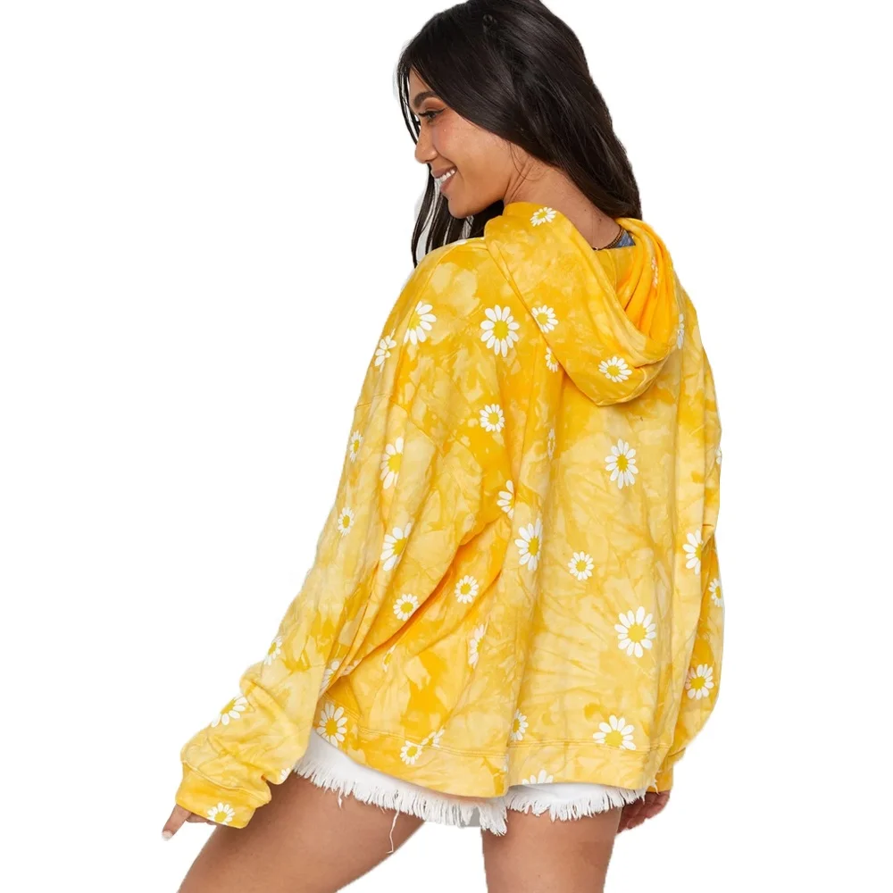 

New In Stock Daisy Printed Long Sleeve Loose Cute Hoodies For Women, Yellow/tan