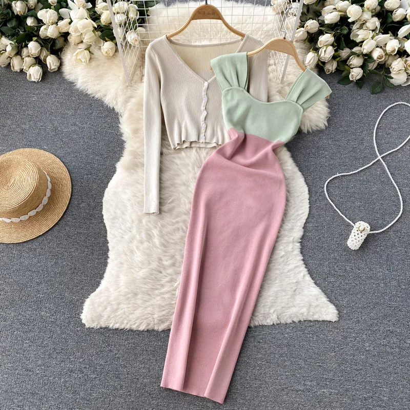 

Wholesale 2023 Autumn Style V-Neck Knitted Cardigan Colored Hanging Strap Long Dress Two Piece Women's Set