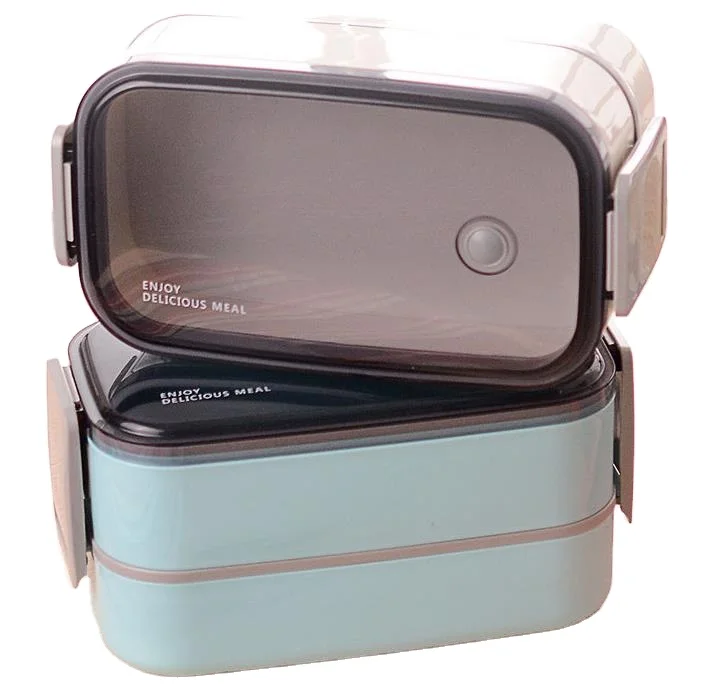 

Outer Plastic Inner Stainless Steel Rectangular Thermos Lunch Box Custom Logo 2 Tier Leak Proof Bento Food Box with Cutlery, Blue/pink/white