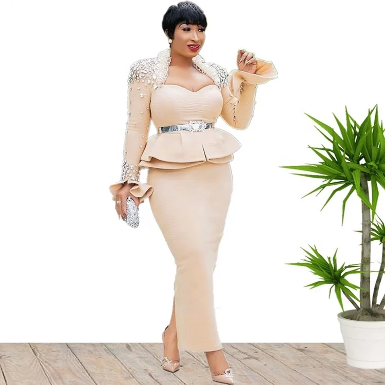 

2020 Plus Size African Beaded Ruffles Long Sleeve Faux Two Pieces Party Dresses