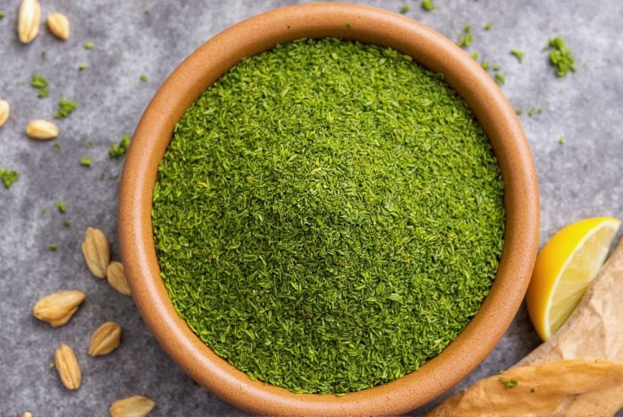 Close-up of fenugreek seeds and fresh methi leaves on wooden cutting board