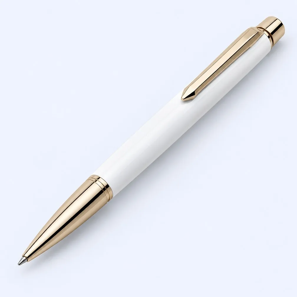 Glossy Pearl White Ballpoint Pen with Champagne Gold Accents