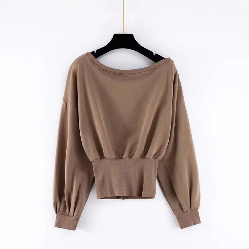 

Hot sale women loose fitness puff sleeve cold shoulder fashion top plain casual sweatshirt, Picture shows