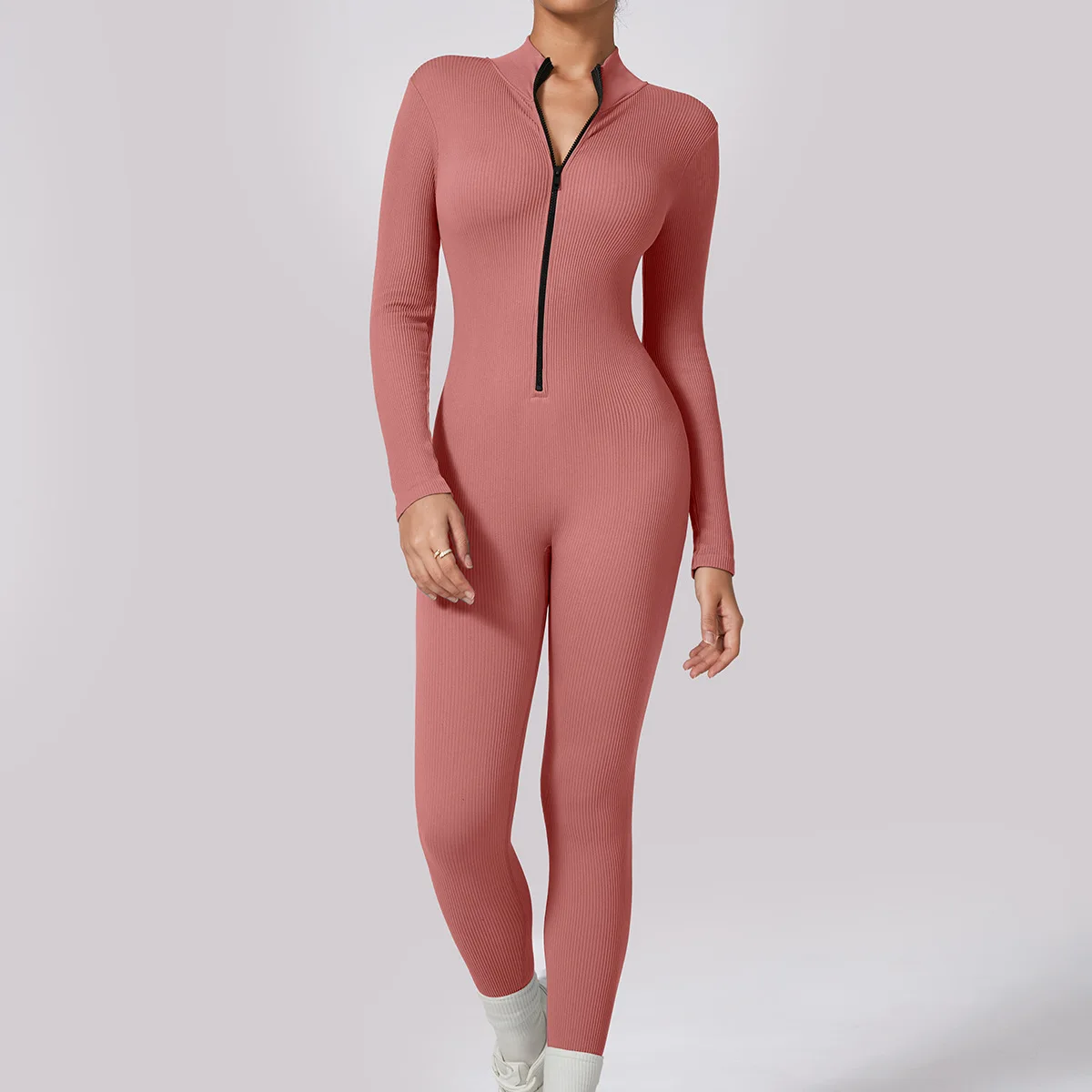 Winter Long Sleeve Yoga Jumpsuit Front Zipper High Elastic Yoga Bodysuit Long Leggings Yoga Wear for Women