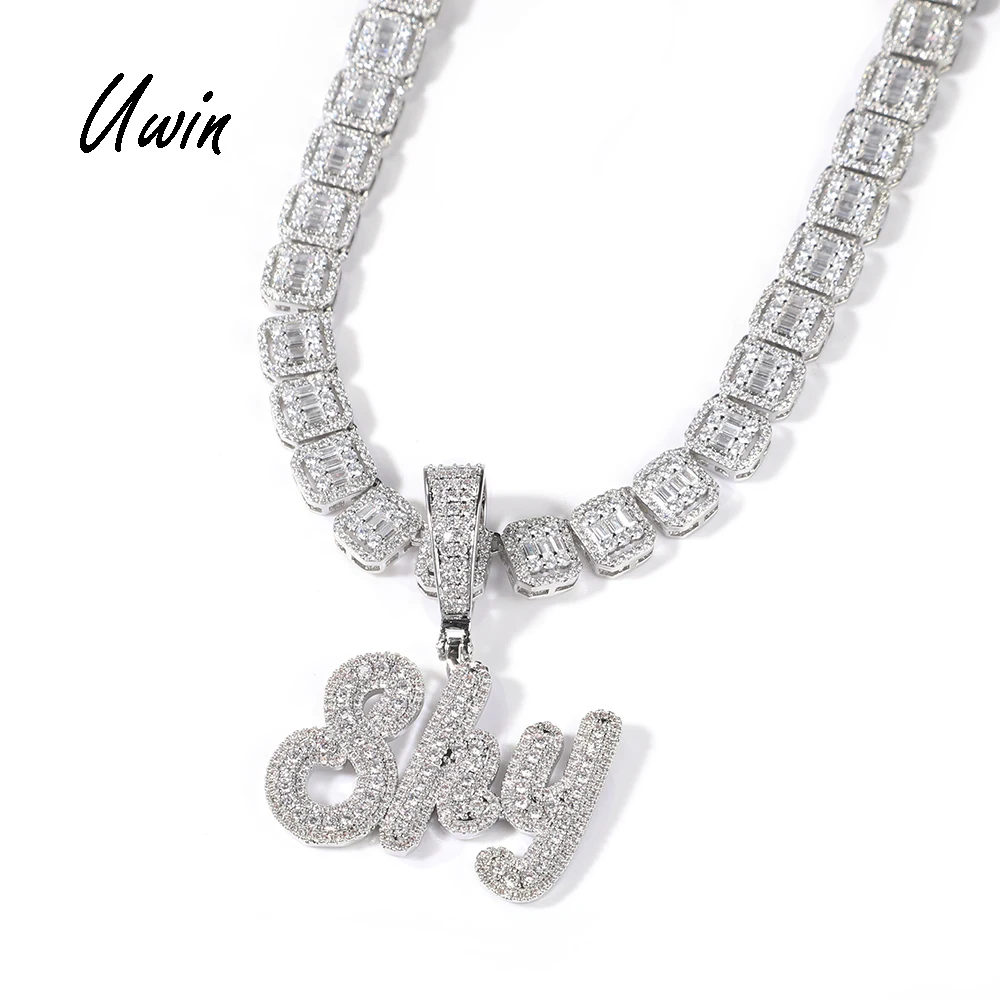

Uwin Brush Cursive Letter Smaller Size Custom Name Necklace With Small Baguette Chain Full Iced Out Zircon Hiphop Pendant