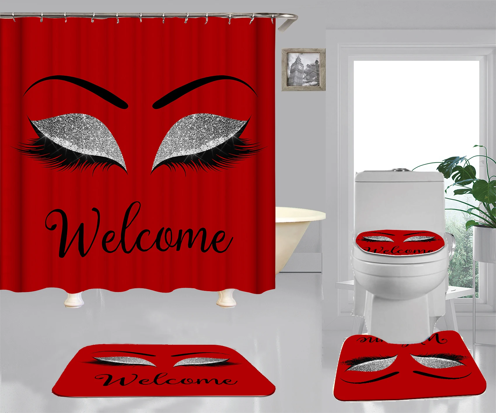 

Fashion red Eyelash bathroom rugs and mats sets with shower curtain