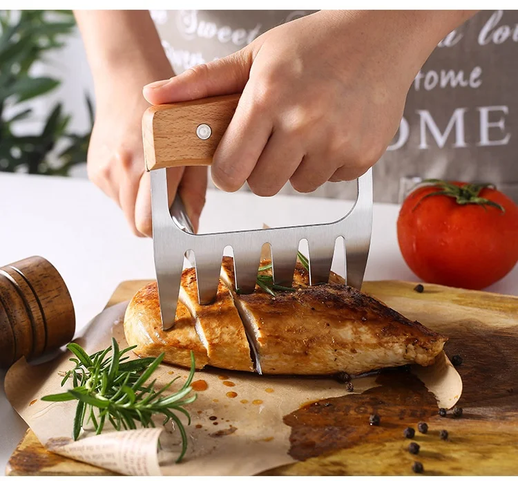 

Kitchen Gadgets Beech Wood Handle Stainless Steel Bear Claws Cooked Chicken Fork BBQ Barbecue Meat Shredder Splitter