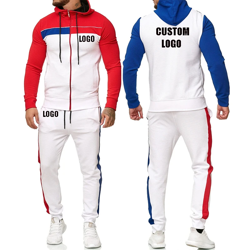 

Free shipping Wholesale patchwork Sports Jogger Set Custom Logo Zip hoodie Slim Fit Sports Suit Sweatsuit Tracksuits for Men, Customized color