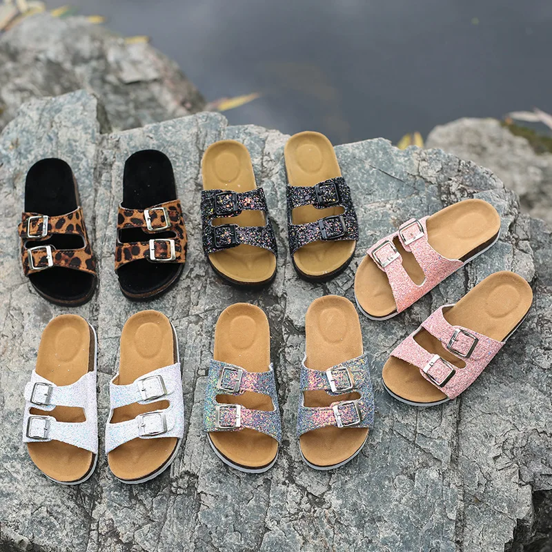 

2020 new summer parent-child slippers children ladies double buckle one-word drag cork sandals slides for women