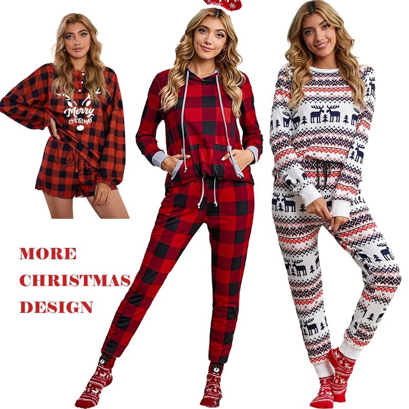 

New Arrive Winter Long Sleeve Sleepwear Set Cotton Plaid xmas Christmas pyjamas pjs Pajamas pijamas For Women