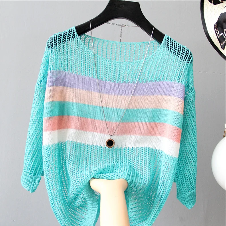 

Promotion Summer New Arrival Sexy lady Hollow out rainbow l stripe knit women sweater