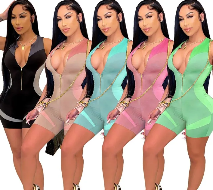 

summer 2021 sleeveless v neck jumpsuits zipper patchwork casual elastic short romper 1pc biker club jumpsuit