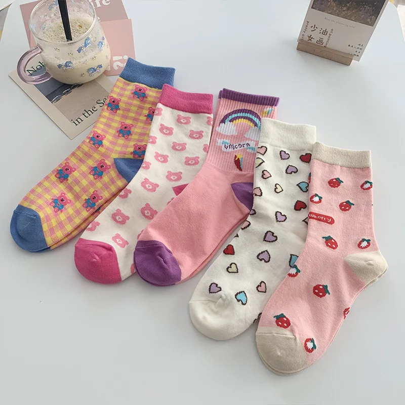 

HF women style socks rainbow cartoon heart shape cotton long tube socks