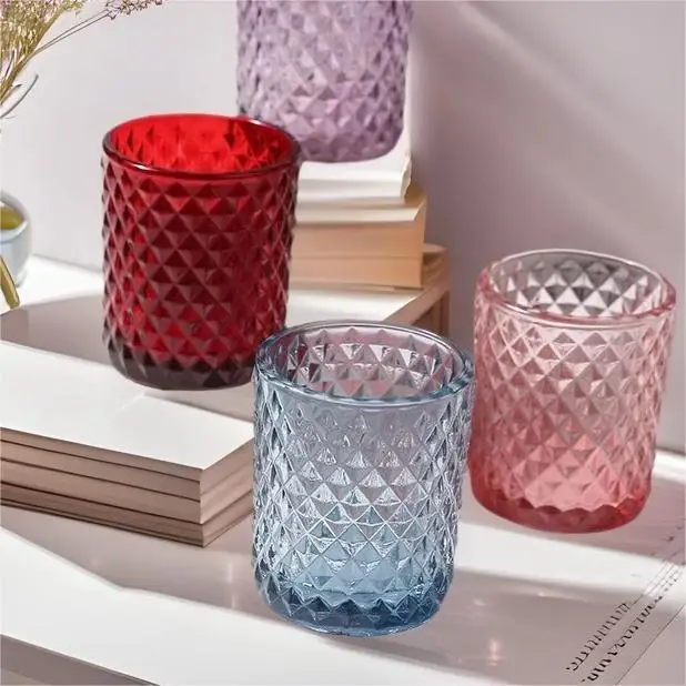 Cross Border Embossed Colored Glass Votive Holder Aromatherapy Candle Cup Light Shadow for Christmas Atmosphere Tea Candle Stand