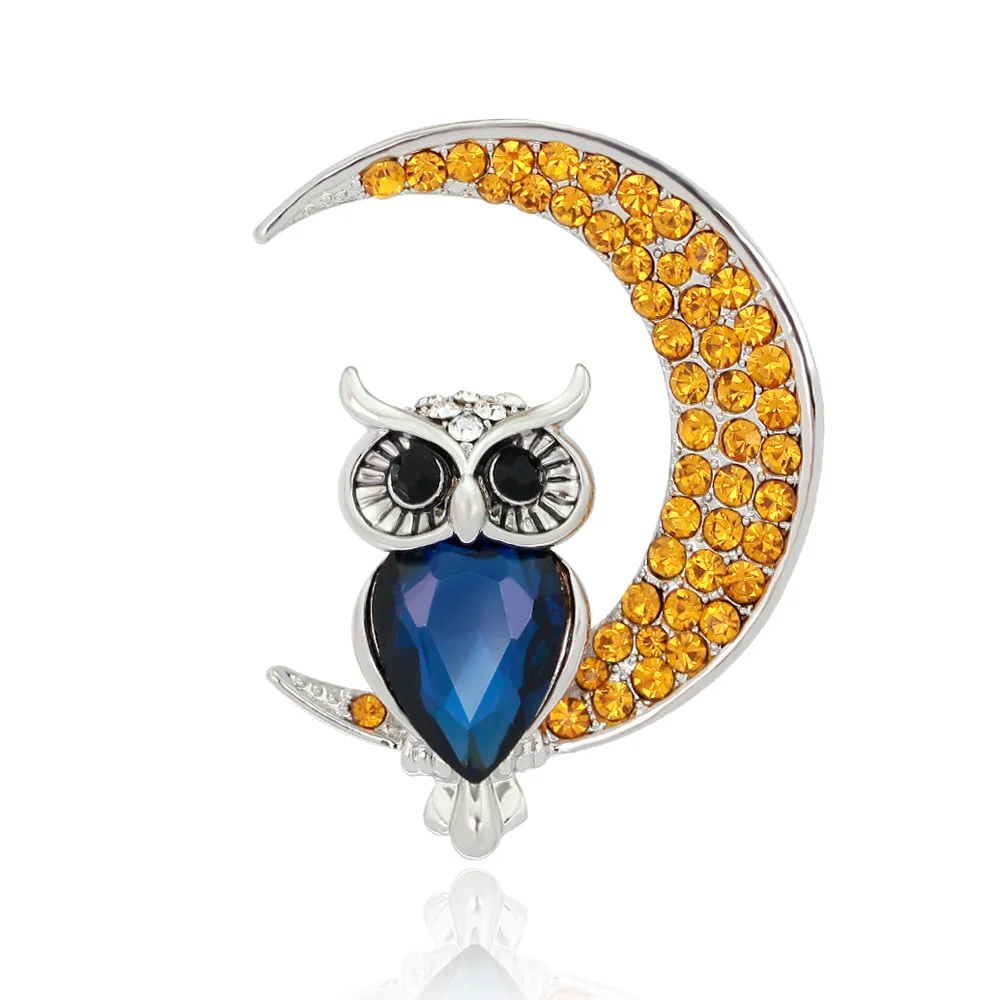 

Yellow Rhinestones Moon Owl Pin Brooch Gold-color High Quality Fine Luxury Jewelry For Women & Girls