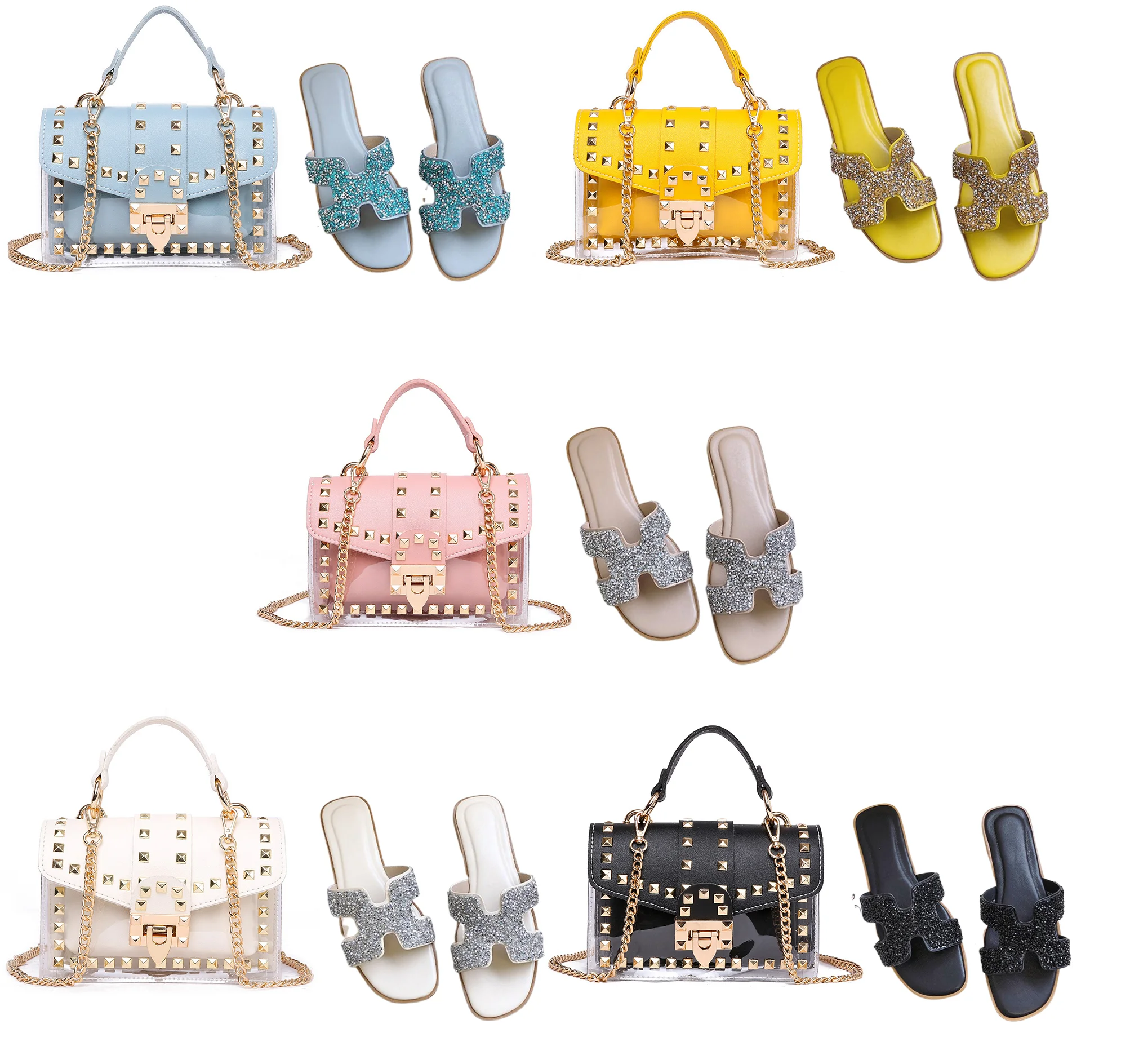 

2021 summer best selling women spangle sandals and Purse sets Trendy Ladies Rivet PVC Jelly bags matching shiny beach slippers, 5 color available