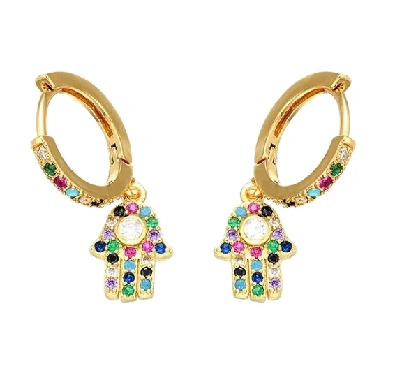 

Best Selling 18K Gold Bling Rainbow CZ Cubic Zircon Hamsa Hand Drop Earrings Luxury Color Crystal Hamsa Hand Earring For Party